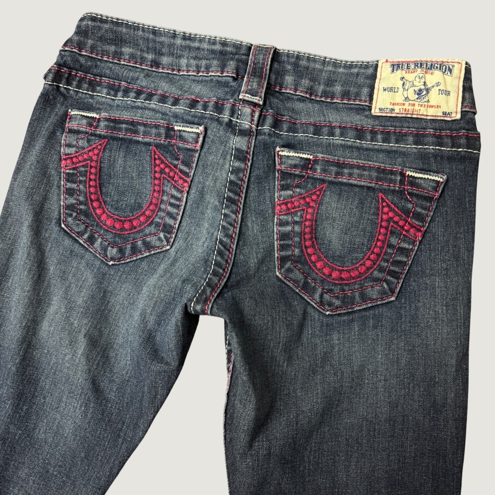 True Religion Straight Leg Jeans Dark Wash Pink Stitch Size 26 Made in USA Y2K